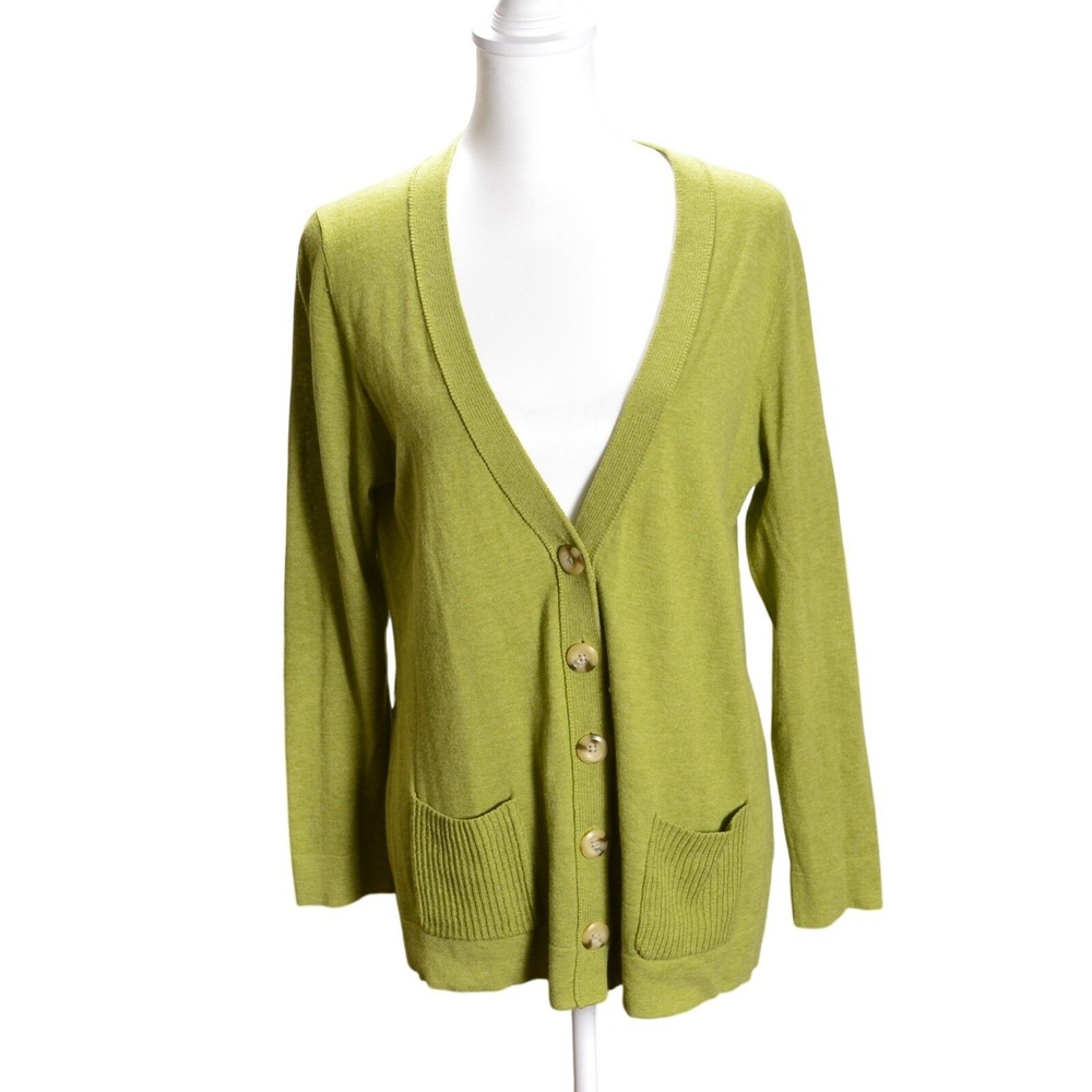 Lightweight V-Neck Button Front Green Knit Cardigan‎ Casual Fall Layering Petite